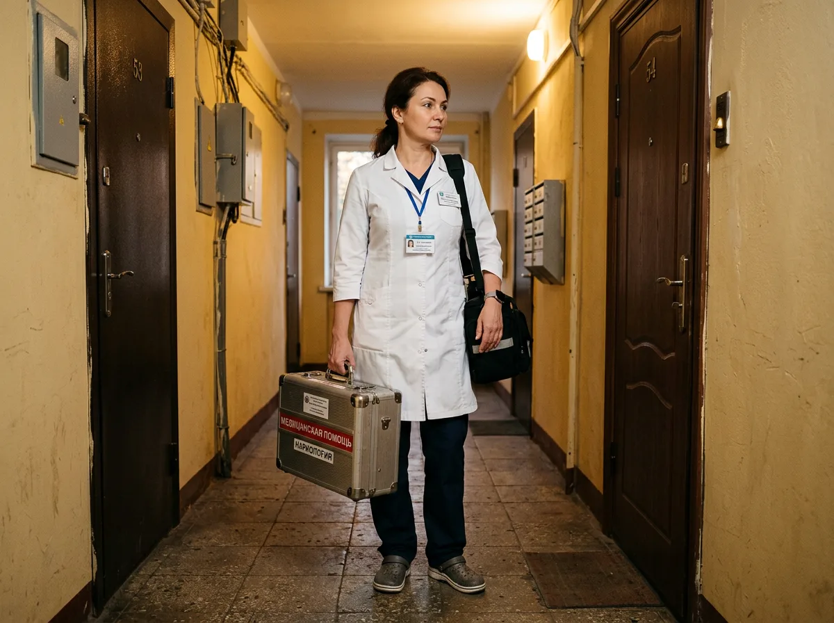 Врач-нарколог в белом халате с медицинским чемоданом стоит у двери квартиры в Москве, готов к выезду, профессиональный, спокойный вид, вечернее освещение