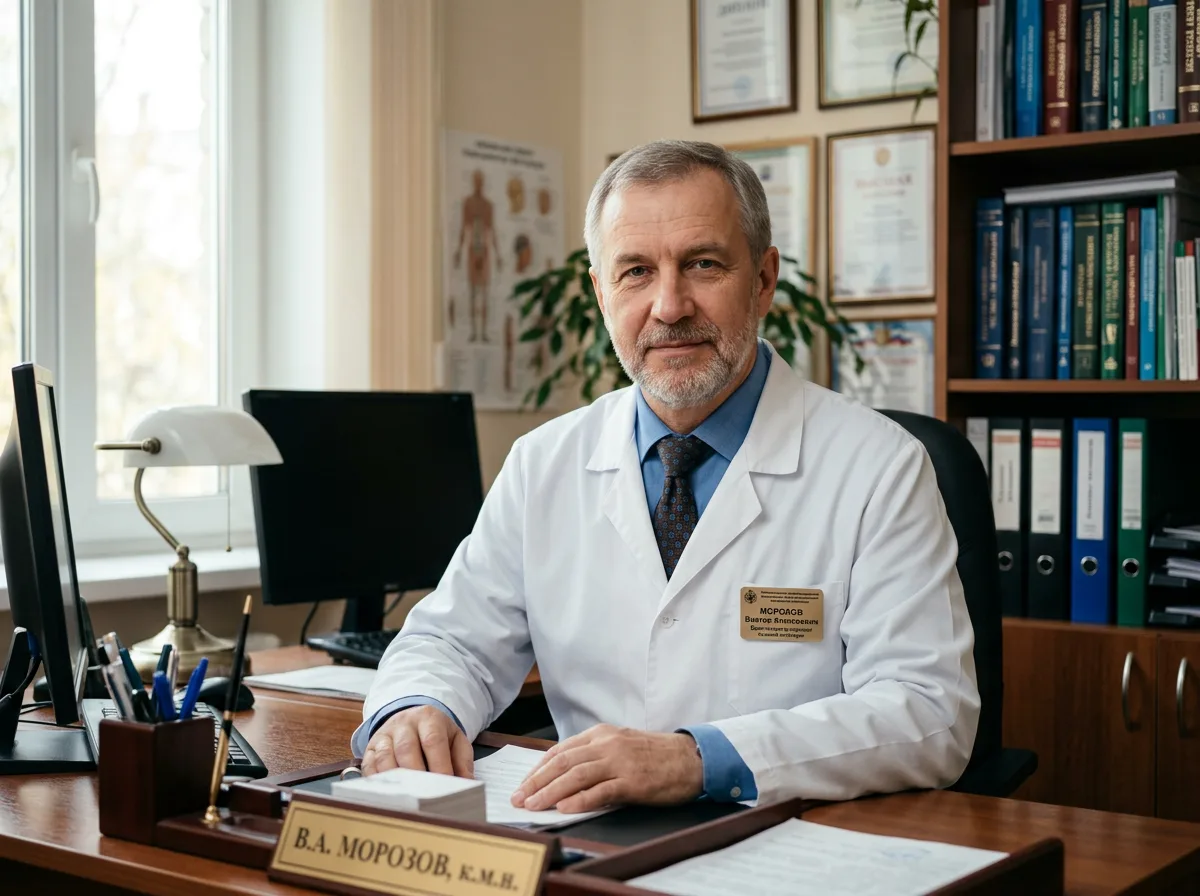 Портрет врача Виктора Алексеевича Морозова — психиатра-нарколога высшей категории, профессиональный облик, белый халат, кабинет врача