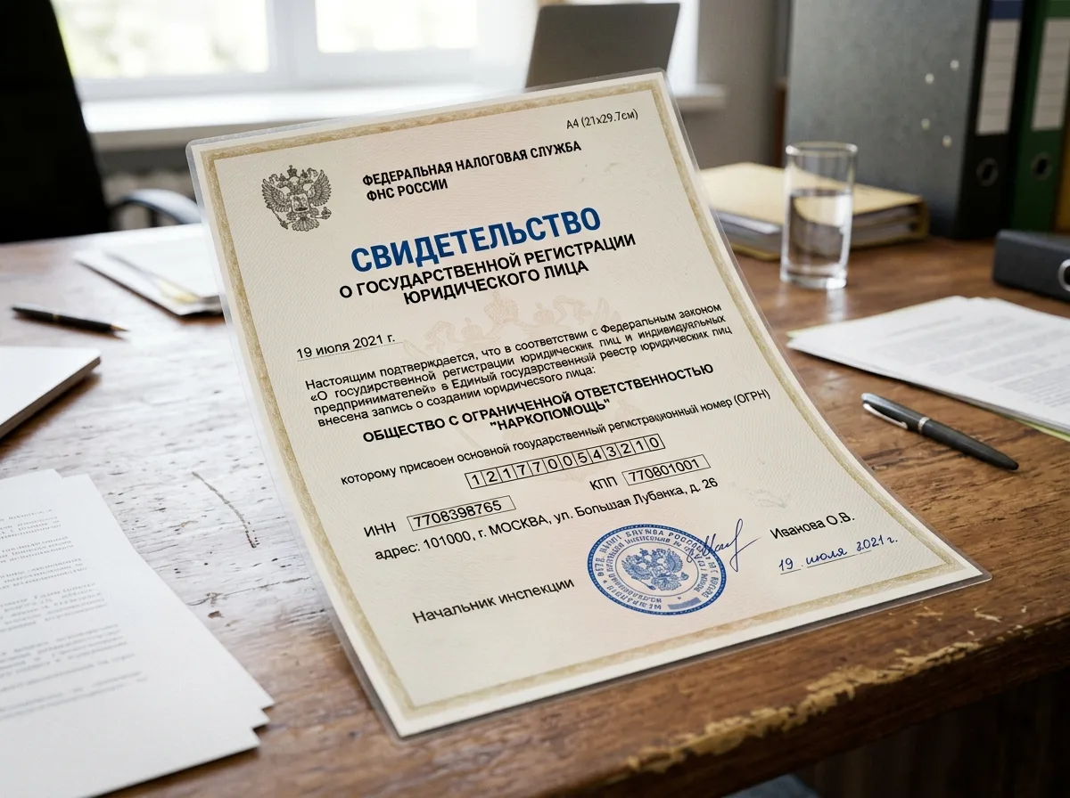 Свидетельство о государственной регистрации юридического лица ООО НаркоПомощь Москва, ОГРН, официальный документ ФНС России