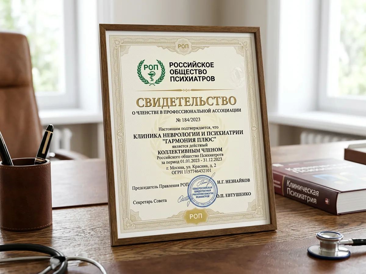 Диплом о членстве клиники в Российском обществе психиатров, официальное свидетельство профессиональной ассоциации, фирменный бланк