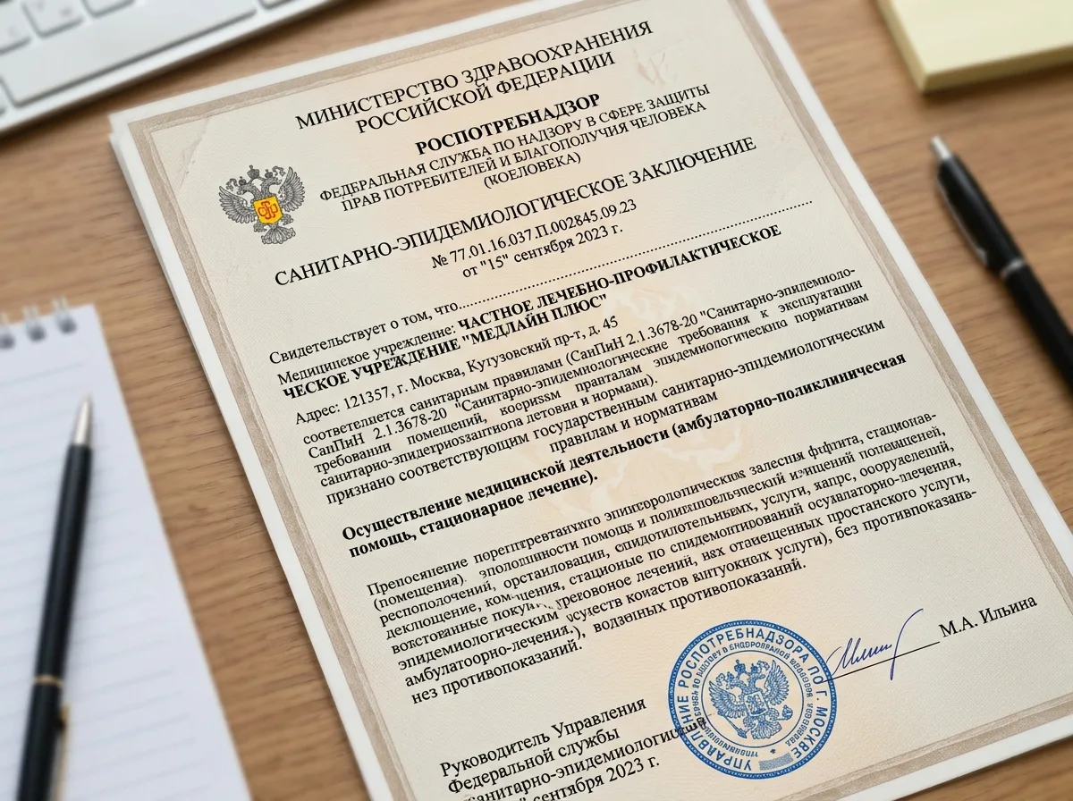 Санитарно-эпидемиологическое заключение Роспотребнадзора для медицинского учреждения, официальный бланк с печатью и подписью