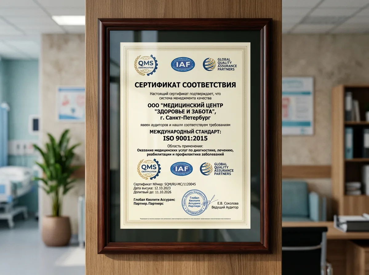 Сертификат соответствия ISO 9001 для медицинской организации, международный стандарт управления качеством, официальный документ на русском языке